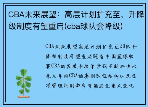 CBA未来展望：高层计划扩充至，升降级制度有望重启(cba球队会降级)